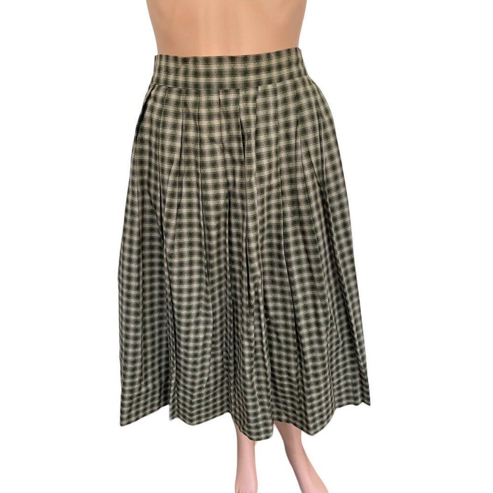 60s Plaid Skirt 26 27 Waist S Vintage Green Subtle Pleated